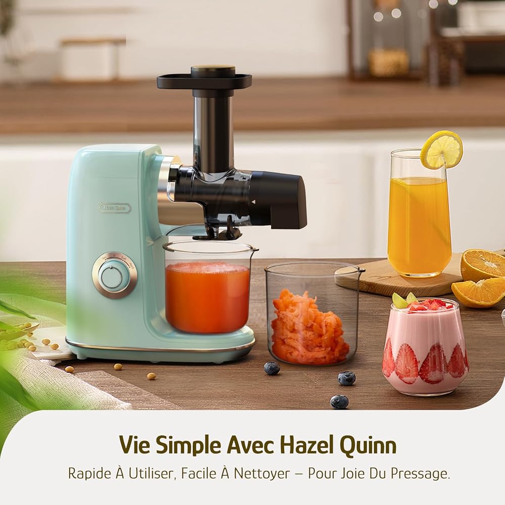 Extracteur de Jus de Fruits et Légumes Hazel Quinn - Technologie Sans Filtre pour un Nettoyage Facile, Modes 2 Vitesses et Fonction Inverse, Moteur Silencieux 80 tr/min, Sans BPA. : Cuisine et Maison