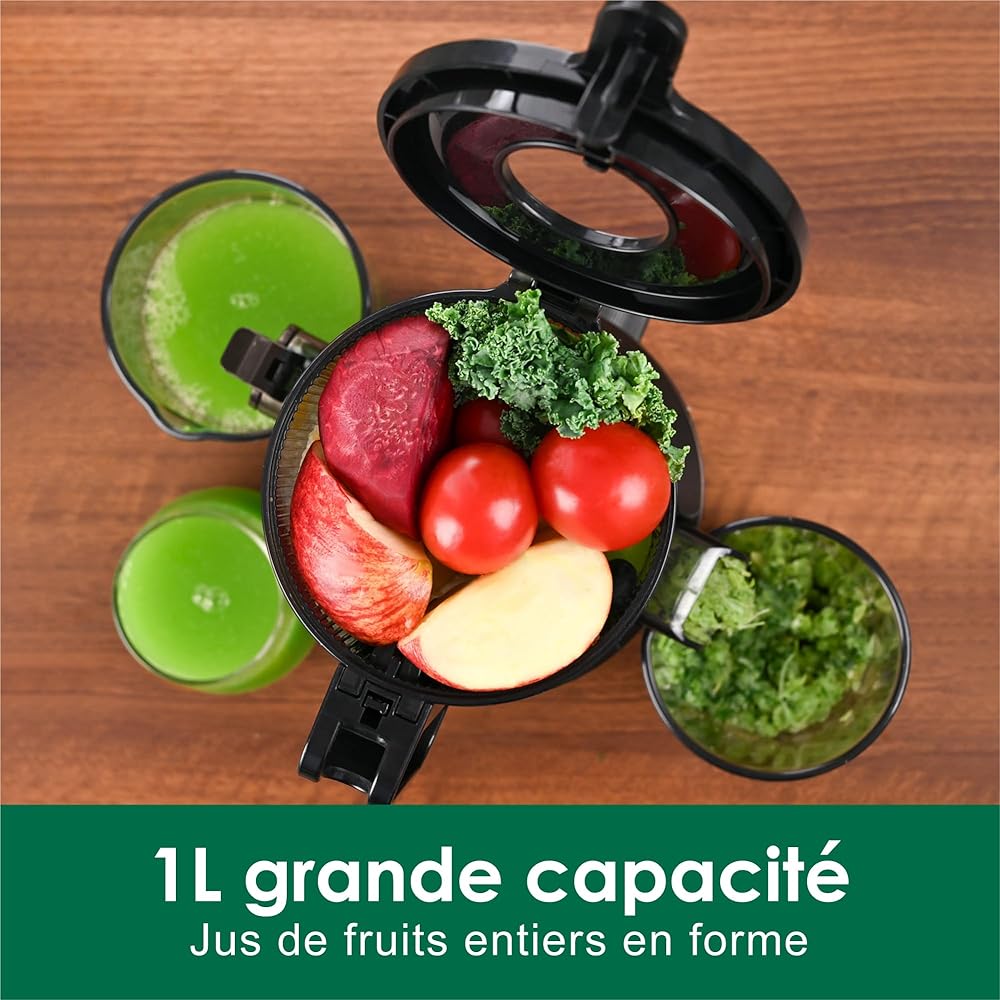 Extracteur de jus, Fretta Extracteur de jus de fruits et légumes, Slow Juicer Grand diamètre de 108 mm, 1L Très grande capacité, Pression à Froid, Facile à nettoyer, Sans BPA (Noir, 1L) : Cuisine et Maison