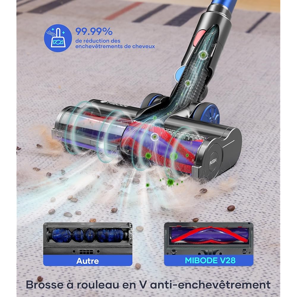 MIBODE Aspirateur Balai sans Fil, 550W/45Kpa/70Mins Aspirateur sans Fil avec écran Intelligent, Aspirateur Balai avec Mode Automatique et Brosse Anti-emmêlement pour Tapis, Sols Durs, Poils d'animaux : Cuisine et Maison
