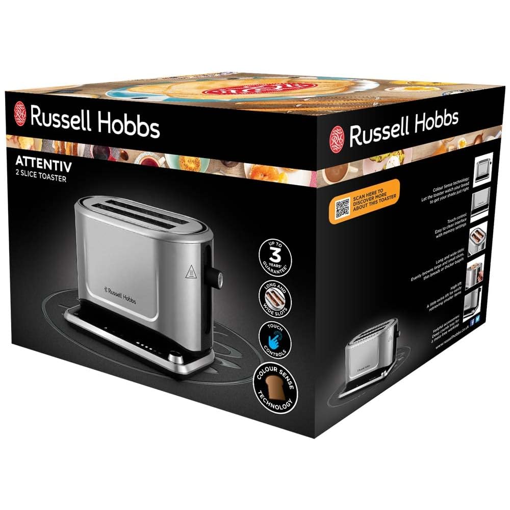 Russell Hobbs Grille Pain [Programmable] Attentiv (Fentes extra larges, Tactile, mémorisele brunissage, Tout type de pain, Surélévation, Chauffe Viennoiserie,Tiroir Ramasse Miettes) Toaster 26210-56 : Cuisine et Maison