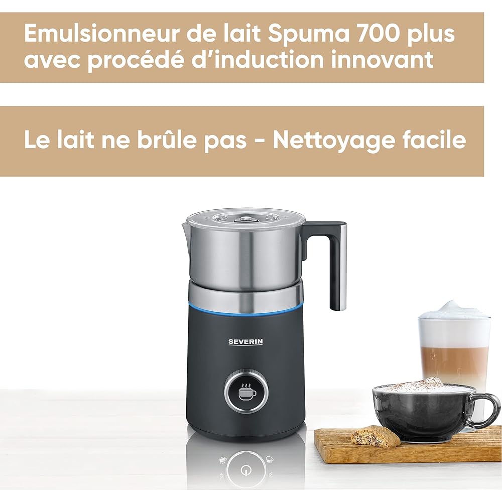 SEVERIN Émulsionneur de lait Spuma 700 Plus 500 W, Mousseur de lait à induction, Mousseur à lait électrique, Chocolatière 700 ml, 13 programmes, inox/noir, SM 3587 : Cuisine et Maison