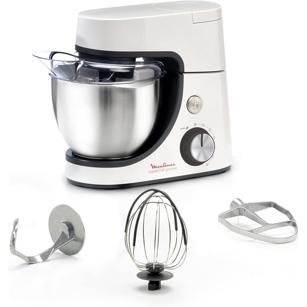 Moulinex Robot pâtissier, Capacité bol 4,6 L, 8 vitesses + Pulse, Technologie Fouet Whisk pour un fouettage parfait, Batteur et pétrin en fonte d'aluminium, 1100 W, Masterchef Gourmet blanc QA510110 : Cuisine et Maison