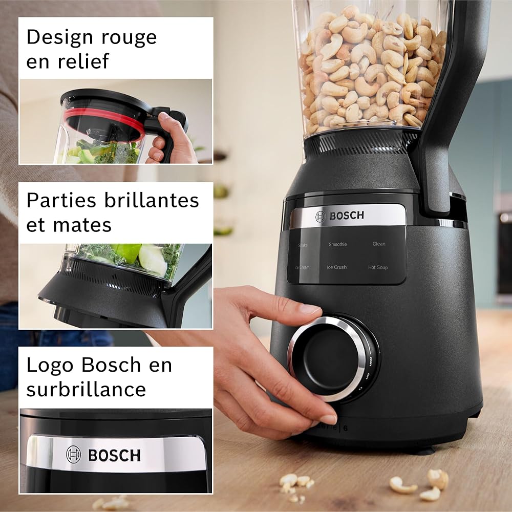 Bosch, VitaPower Série 6, blender haute performance, moteur 1800 watts, vitesse du moteur jusqu'à 45 000 tr/min, 6 programmes automatiques, bol résistant en tritan, noir, MMB6652B : Cuisine et Maison