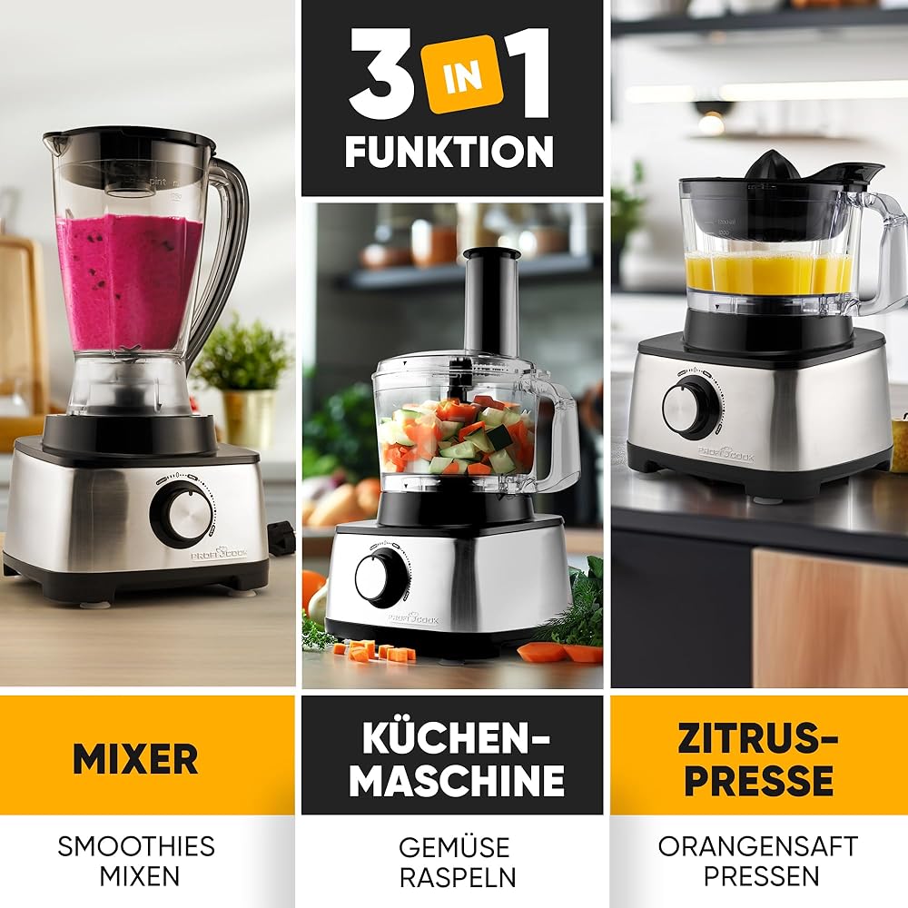 ProfiCook PC-KM 1063 Robot de cuisine compact avec boîtier en acier inoxydable, couper, pétrir, mixer, presse-agrumes, 1.2L, ouverture de remplissage, avec fonction turbo et 11 accessoires, 1200W : Cuisine et Maison