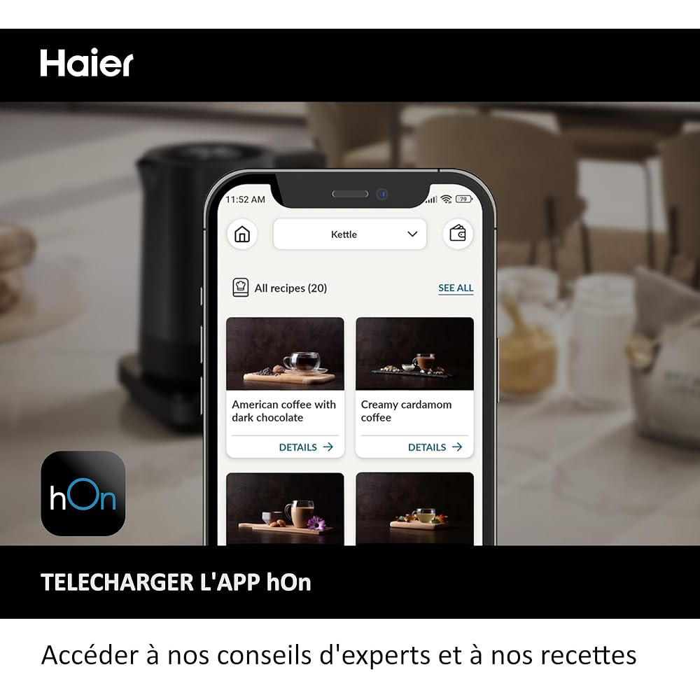 Haier I-Master Série 5 Bouilloire, Acier Inoxydable, 1,7L, Economie d'Energie, 7 Réglages de Température, Fonction de Maintien au Chaud, Fonction Tasse Unique 0,25L, 2000W [Noir] : Cuisine et Maison