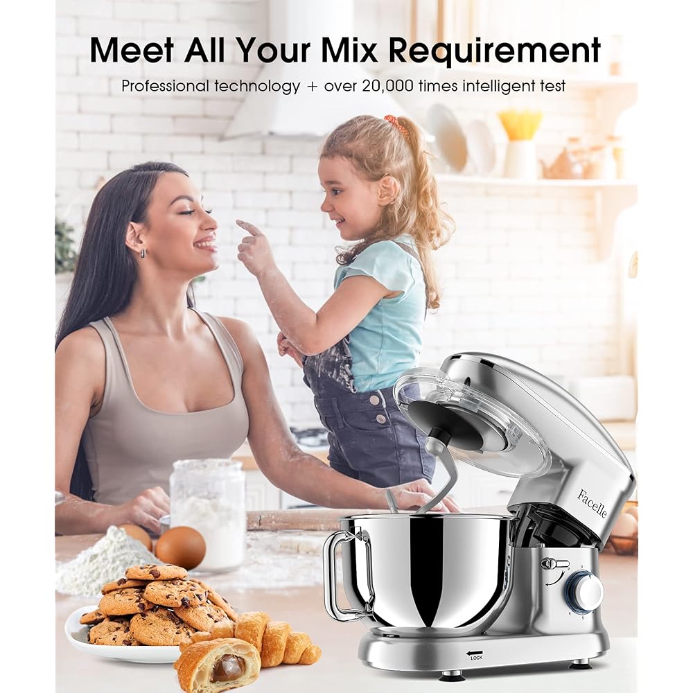 Robot Pâtissier 1500W Facelle Petit électroménager 6,2 L,avec Crochet Pétrisseur,Batteur,Fouet à Fil,protection contre les éclaboussures,pour la cuisson,les gâteaux (Argent) : Cuisine et Maison