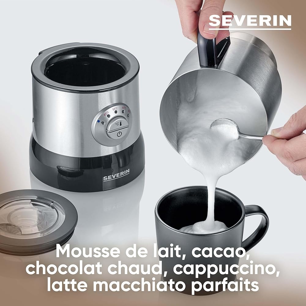 SEVERIN Émulsionneur à lait 500 W, Mousseur de lait à induction, Mousseur à lait électrique, Chocolatière 700 ml, température réglable, inox/noir, SM 3583 : Cuisine et Maison