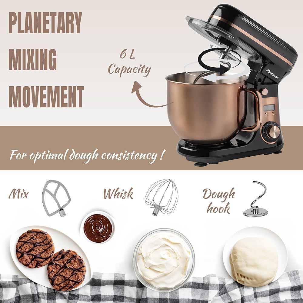 Bestron Robot Patissier, Robot pâtissier super silencieux (65 dB), Robot de cuisine 4-en-1, bol de 6 litres, inclus crochet pétrisseur, fouet et batteur plat, 6 vitesses + fonction Pulse, Cuivre : Cuisine et Maison