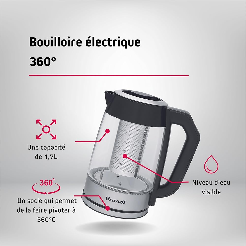 Brandt - TH1700EV - Théière bouilloire -1,7L - Bi-fonction théière et bouilloire - Température réglable sur la poignée - Noir : Cuisine et Maison