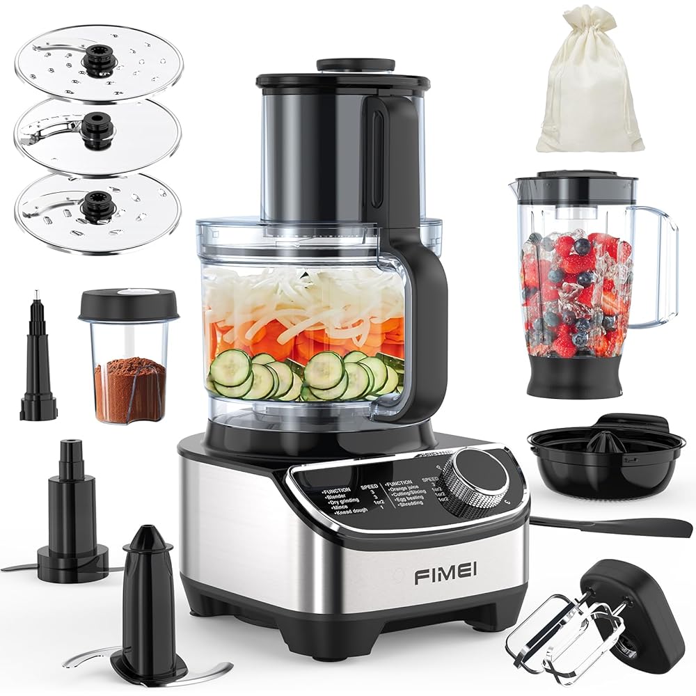 FIMEI Robot culinaire multifonction 1300W, 3 vitesses et fonction pulse, hachoir 3,5L, mixeur 1,5L, moulin, presse agrumes, crochet pétrisseur, fouet, râpe, disque tournant, Sans BPA : Cuisine et Maison
