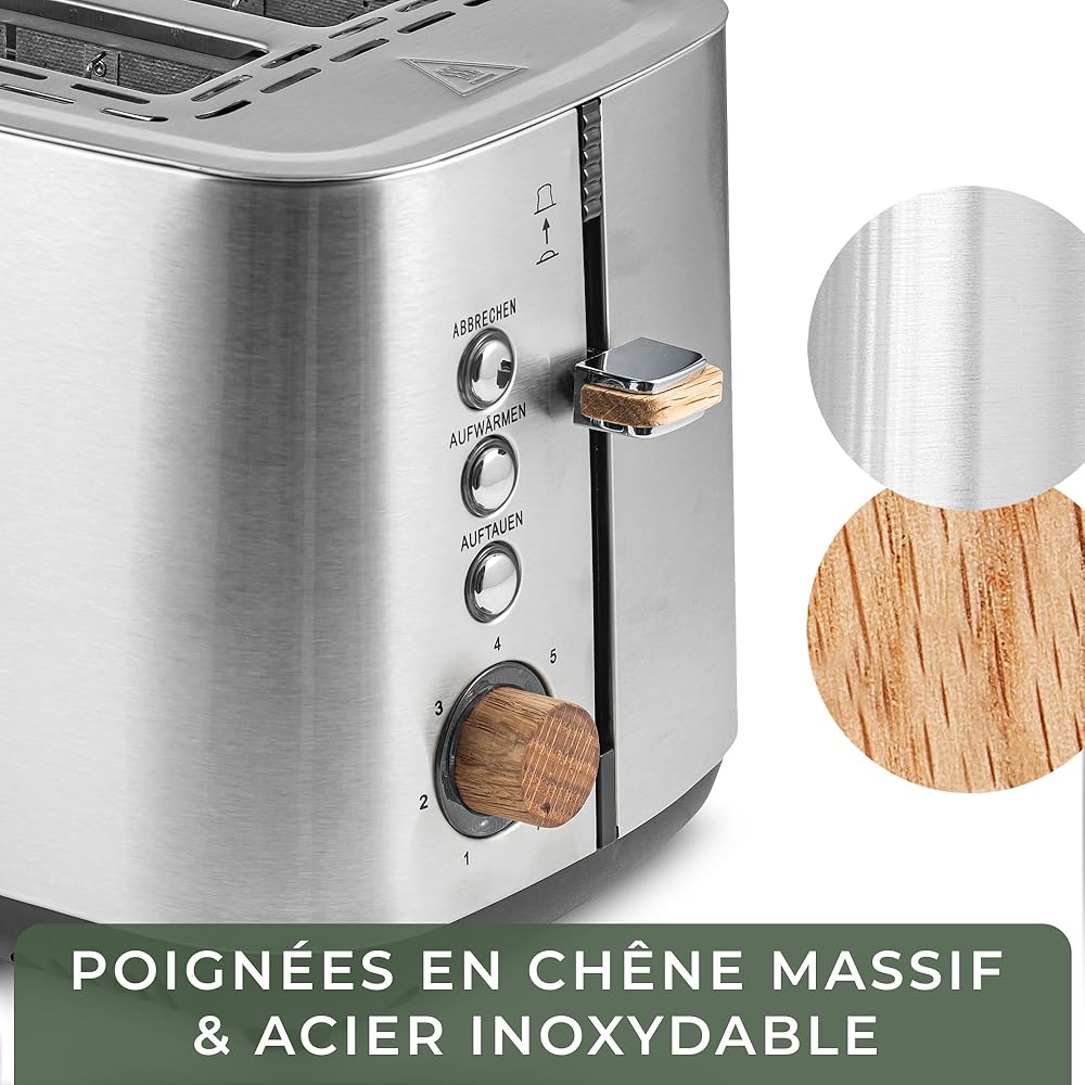 WALDWERK Design Grille Pain en Inox et Bois de Chêne - Toaster Intelligent à Fentes Larges et Profondes avec Support pour Petits Pains - Petit Grille-pain avec Tiroir Ramasse-miettes Amovible :