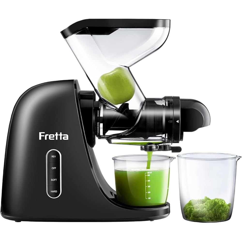Fretta Extracteur de Jus à Pression à Froid, Goulotte d'alimentation Large de 76 MM, Presse-agrumes à Froid sans BPA, Extracteur de Jus de Fruits et Légumes, Recettes de Jus Incluses (Noir) : Cuisine et Maison