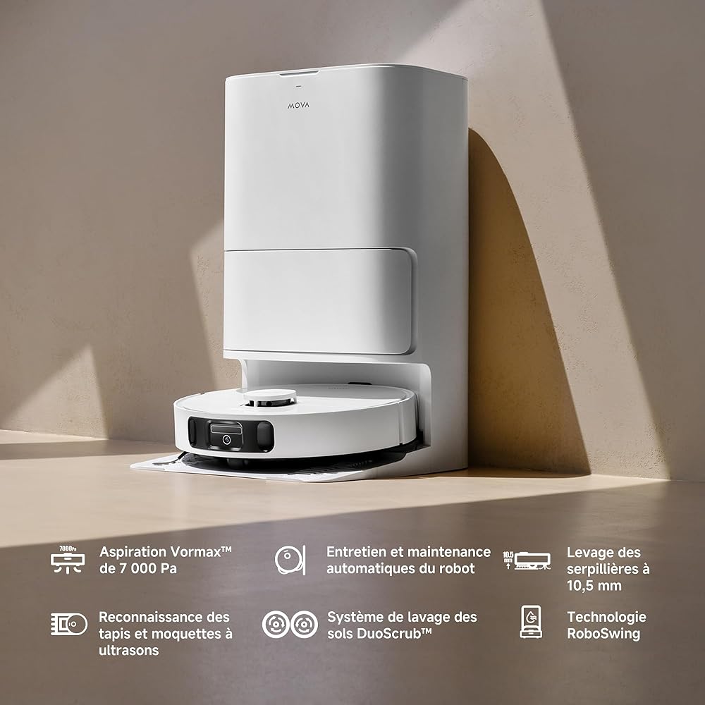 MOVA E30 Ultra Robot Aspirateur Laveur avec Vidage Automatique, Nettoyage Automatique des Serpillières, Technologie RoboSwing, Levage des Serpillières à 10,5 mm, Aspiration de 7 000 Pa : Cuisine et Maison