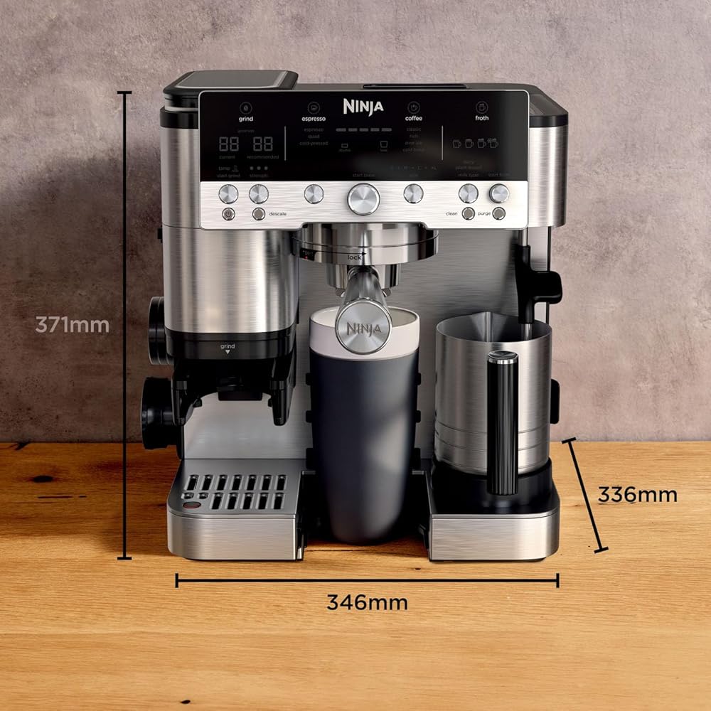 NINJA Machine à café Luxe Premier 3-en-1, Latte, Cappuccino, Infusion à froid et Espresso avec broyeur à grains et mousseur à lait intégrés, facile à utiliser, EU Prise, argent, ES601EU : Cuisine et Maison