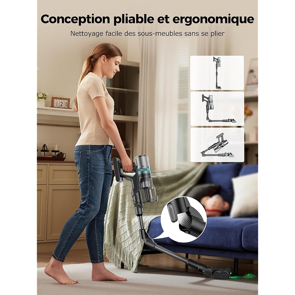Proscenic P16 Aspirateur Balai sans Fil, 550W 50KPa 65 Mins Aspirateur sans Fil Hyper-Puissant, Tube Pliable,Technologie GreenEye,Brosse Anti-Emmêlement Pour Tapis,Poils Animaux, Sol Dur et Voiture : Cuisine et Maison