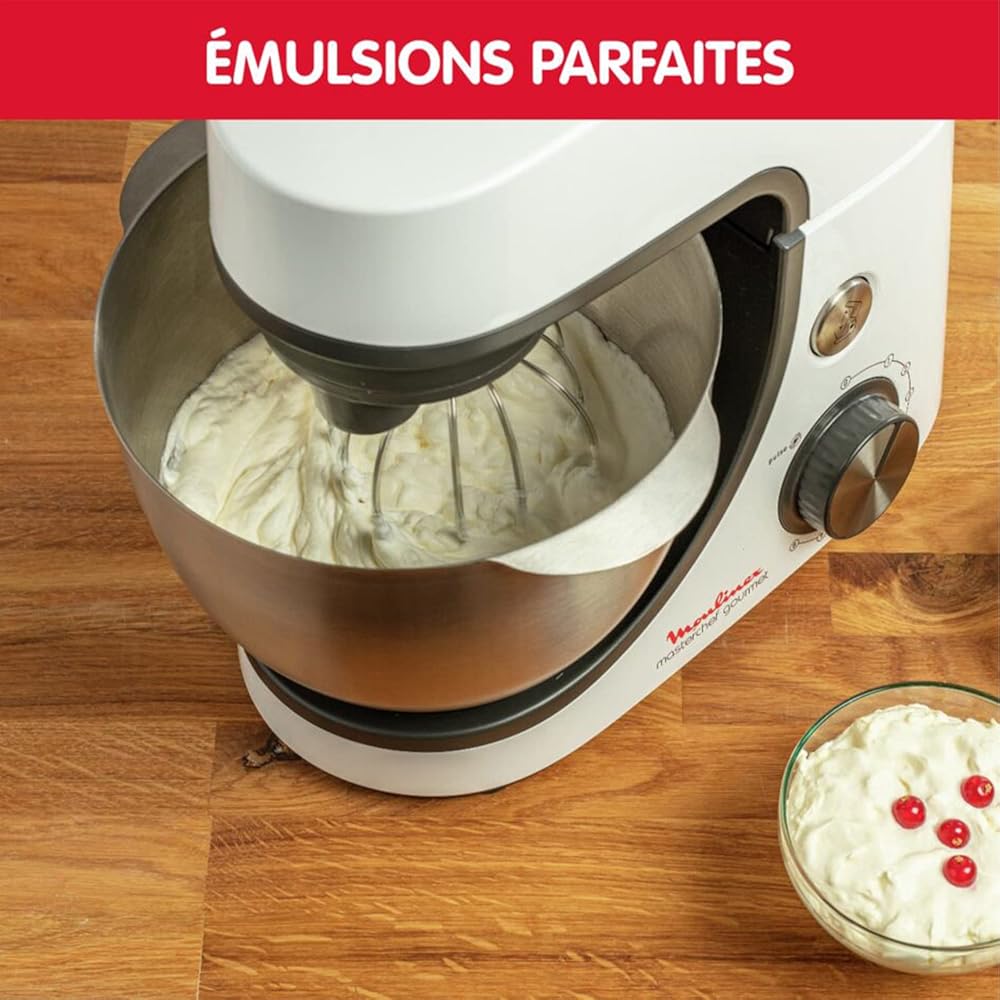Moulinex Robot pâtissier, Capacité bol 4,6 L, 8 vitesses + Pulse, Technologie Fouet Whisk pour un fouettage parfait, Batteur et pétrin en fonte d'aluminium, 1100 W, Masterchef Gourmet blanc QA510110 : Cuisine et Maison