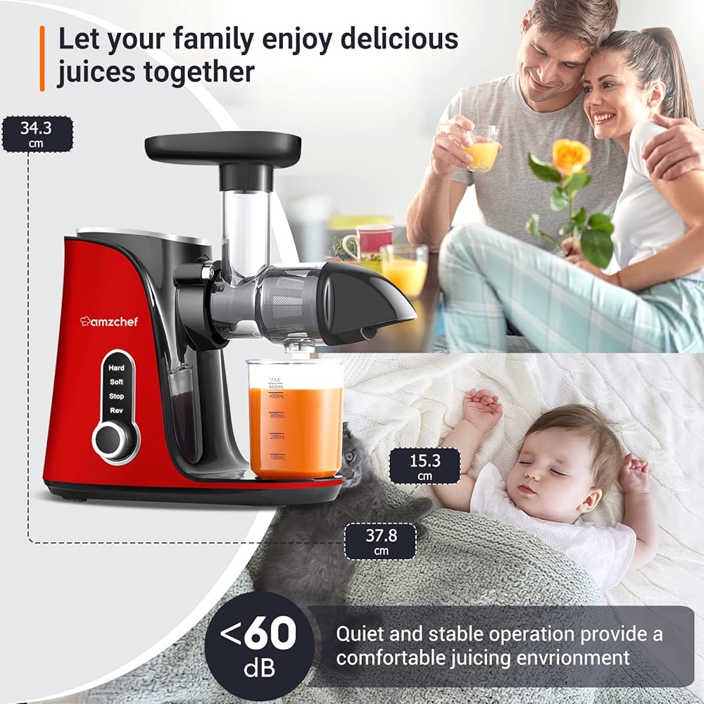 AMZCHEF Extracteur de Jus avec Double Vitesse Modes (Soft et Hard) - Extracteur de Jus de Fruits et Légumes - Juicer Machine avec Bouteille à jus Portable et 2 Tasses - Rouge [Classe énergétique A+++] : Cuisine et Maison