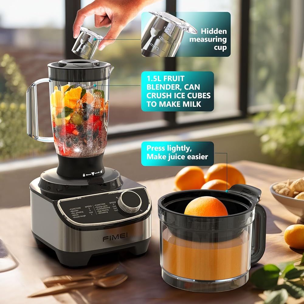 FIMEI Robot Multifonction Cuisine 1300W, 3 vitesses et fonction pulse, hachoir 3,5L, mixeur 1,5L, moulin, presse agrumes, crochet pétrisseur, fouet, râpe, disque tournant, Sans BPA : Cuisine et Maison