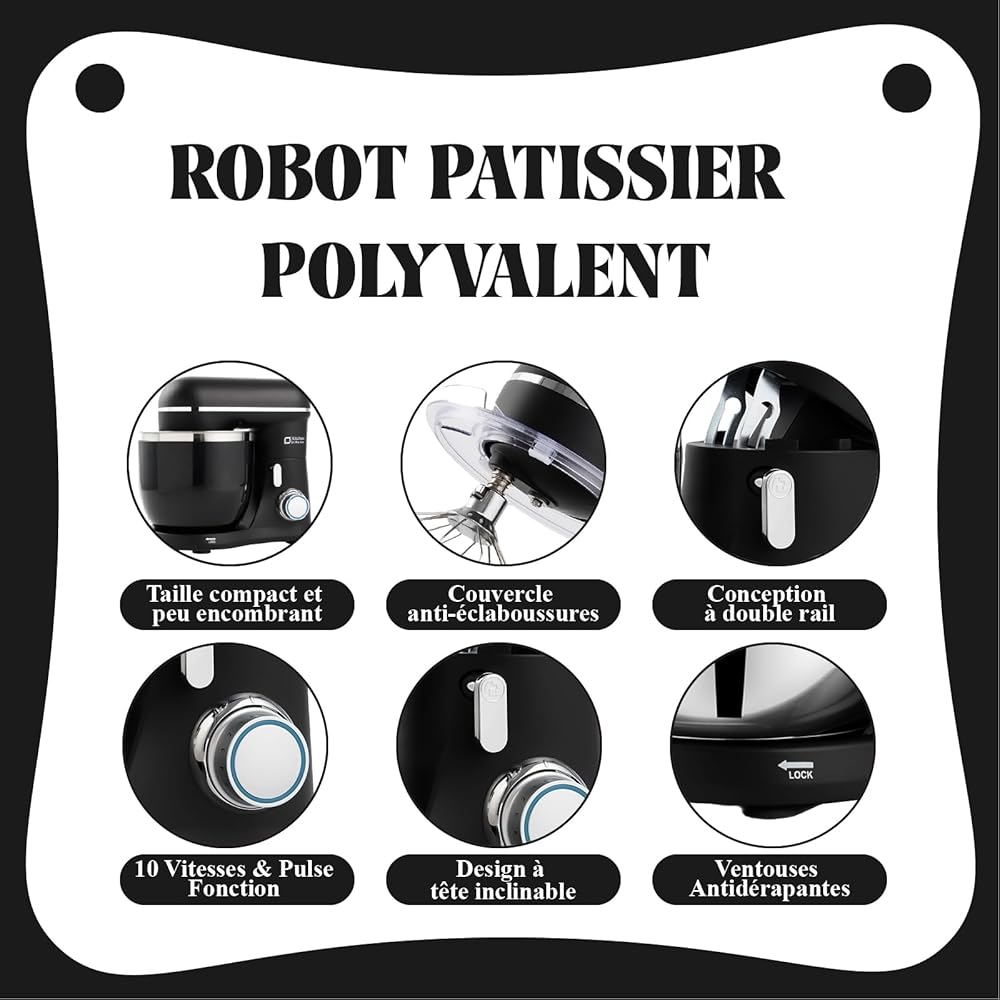 Kitchen in the Box Robot Pâtissier, 3.5L avec Deux Bols, Compact et Léger, 10 Vitesses avec Fonction Pulse, Finition Mate, Fouet, Crochet Pétrisseur et Batteur, Noir : Cuisine et Maison