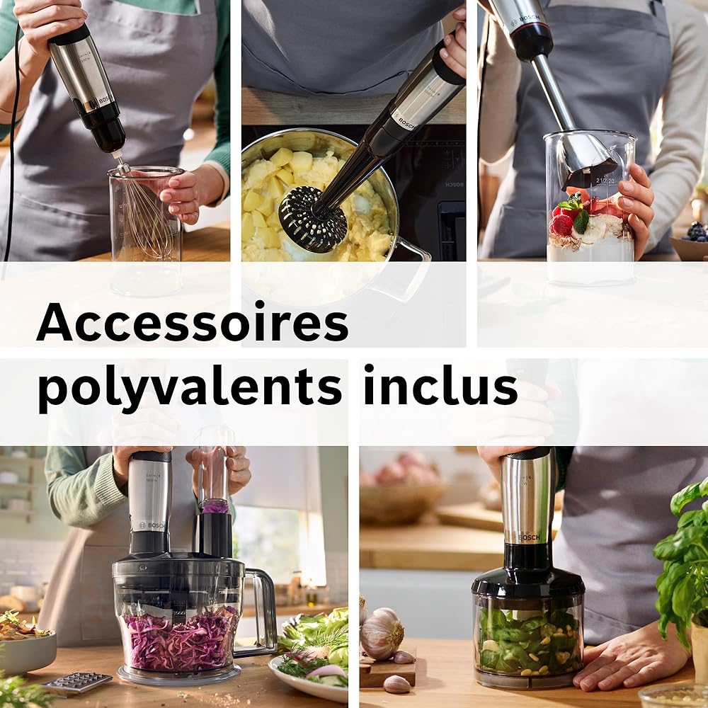 Bosch, mixeur plongeant, ErgoMaster Série 6, moteur 1000 watts refroidi par air, variateur de vitesse extra large, système de mixage QuattroBlade System Pro, accessoires inclus, MSM6M673 : Cuisine et Maison