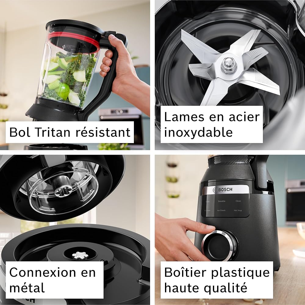 Bosch, VitaPower Série 6, blender haute performance, moteur 1800 watts, vitesse du moteur jusqu'à 45 000 tr/min, 6 programmes automatiques, bol résistant en tritan, noir, MMB6652B : Cuisine et Maison