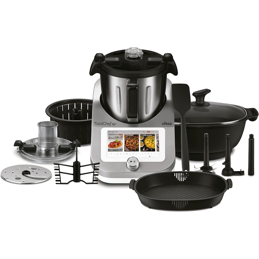 Ufesa TotalChef RK7 Robot de Cuisine Multifonctions Inteligent, WIFI, 30 Fonctions, 4.5L, Écran Tactile 7 Pouces, Balance Integrée, Livre de Recettes Interactif, Argent / Blanc : Cuisine et Maison