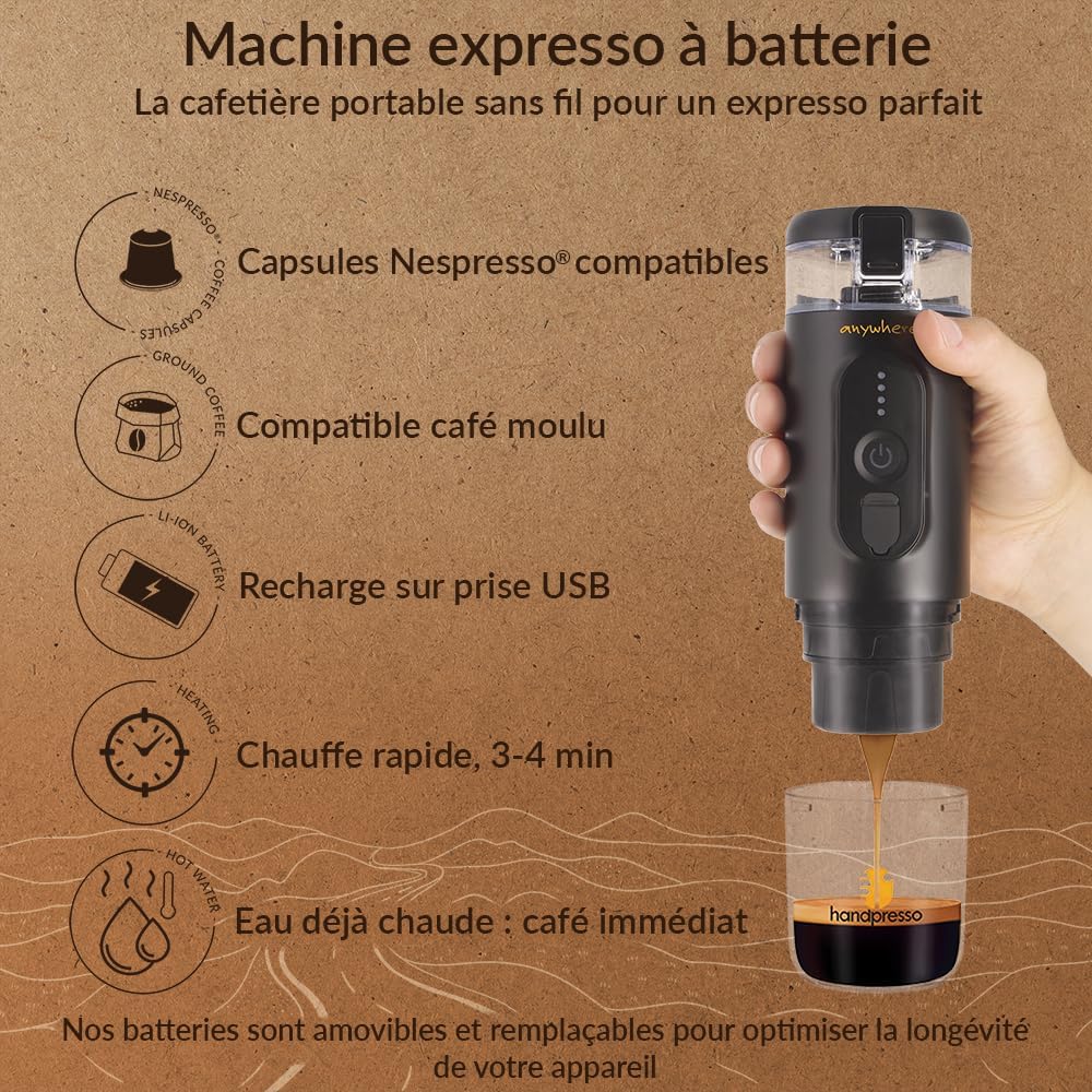 Handpresso - Cafetière portable E-Presso 21700 | Machine a cafe portable avec batterie USB réservoir 60ml - Cafetiere de voyage pour capsules expresso ou café moulu – mini cafetière à batterie : Cuisine et Maison