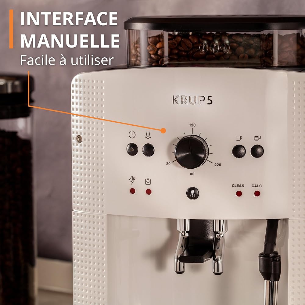 Krups Machine à café broyeur grain, 2 expresso simultanés, Nettoyage automatique, Buse vapeur Cappuccino, Essential blanche EA810570 : Cuisine et Maison