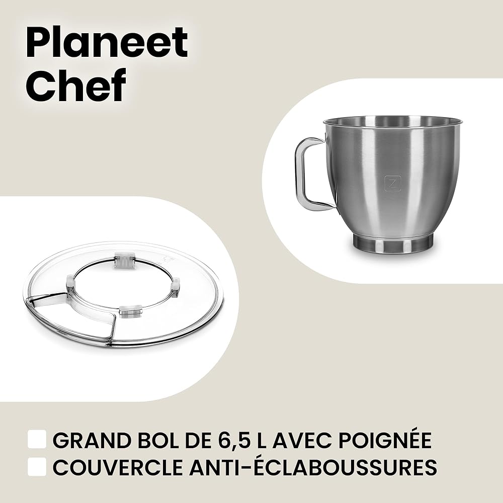ZEEGMA Planeet Chef robot pâtissier multifonctions 2200W, machine à pétrir cuisine à pâte avec bol en acier inoxydable de 6,5 L, 7 vitesses, pétrin à pâte avec set de pâtisserie 3 pièces (Grey) : Cuisine et Maison