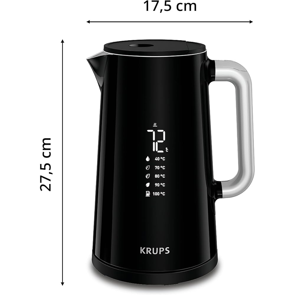 Krups BW8018 Smart'n Light Bouilloire électrique 5 niveaux de température Affichage numérique 30 minutes Fonction de maintien au chaud | Auto-Off | Capacité 1,7 L | Construction double paroi | Noir : Cuisine et Maison