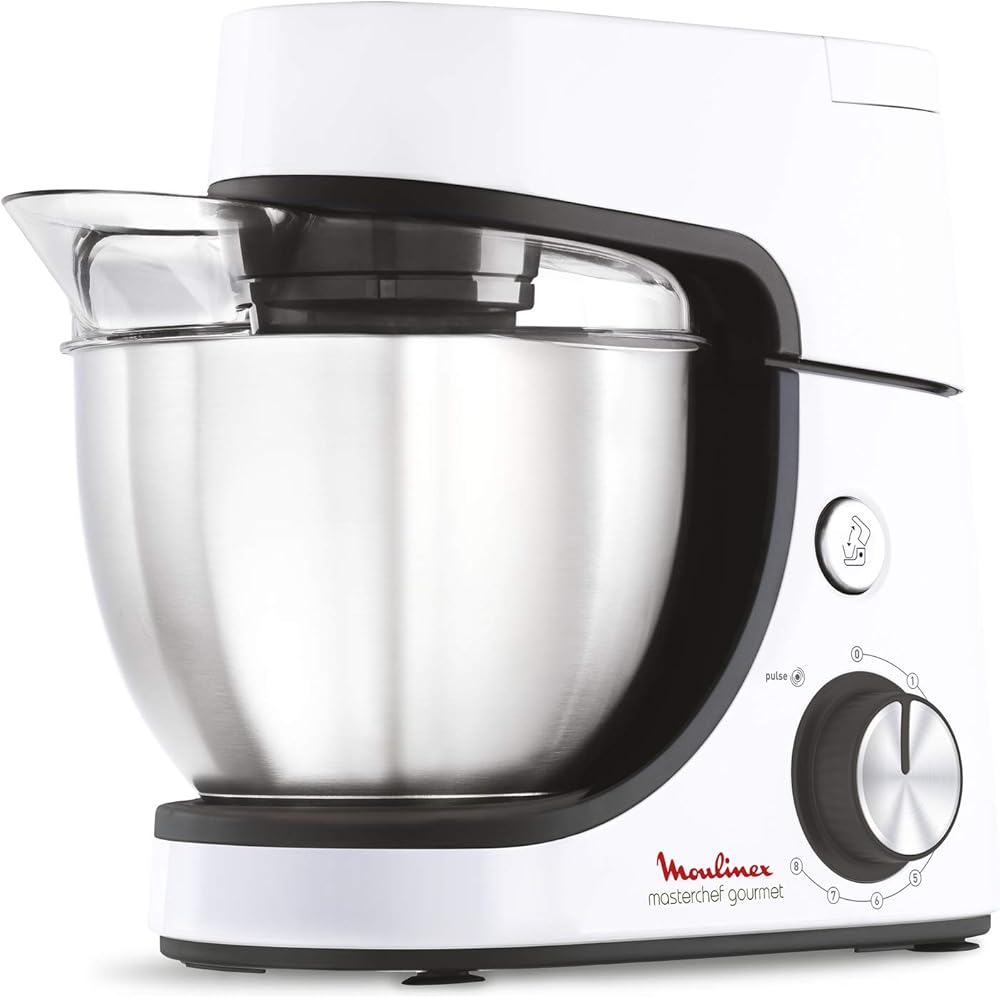 Moulinex Robot pâtissier, Capacité bol 4,6 L, 8 vitesses + Pulse, Technologie Fouet Whisk pour un fouettage parfait, Batteur et pétrin en fonte d'aluminium, 1100 W, Masterchef Gourmet blanc QA510110 : Cuisine et Maison