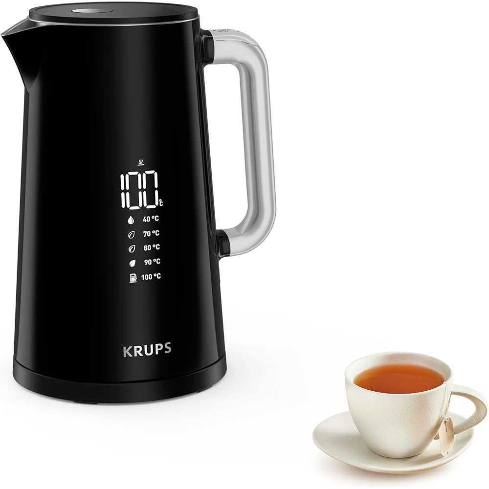 Krups BW8018 Smart'n Light Bouilloire électrique 5 niveaux de température Affichage numérique 30 minutes Fonction de maintien au chaud | Auto-Off | Capacité 1,7 L | Construction double paroi | Noir : Cuisine et Maison