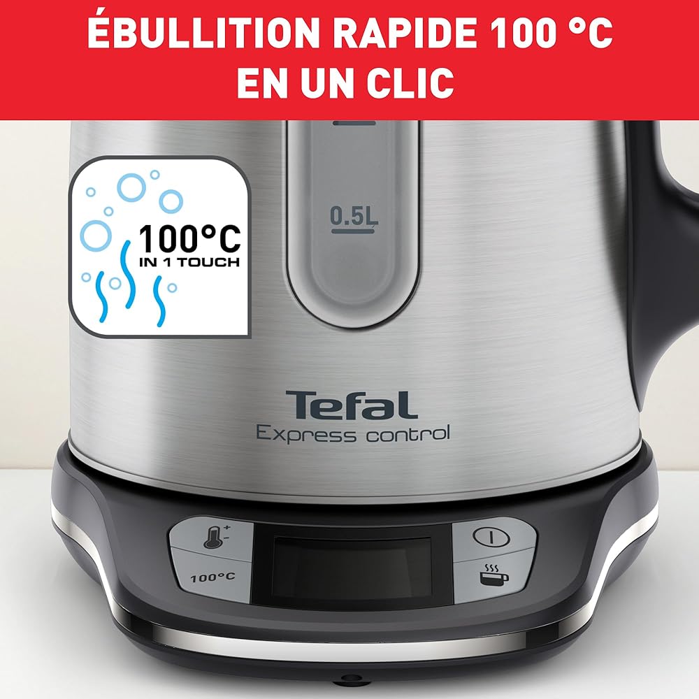 Tefal Bouilloire électrique sans fil inox, 1,7 L, 2400 W, 7 températures réglables de 60 à 100°, Ecran digital, Maintien au chaud 60 min, Express Control KI240D10 : Cuisine et Maison