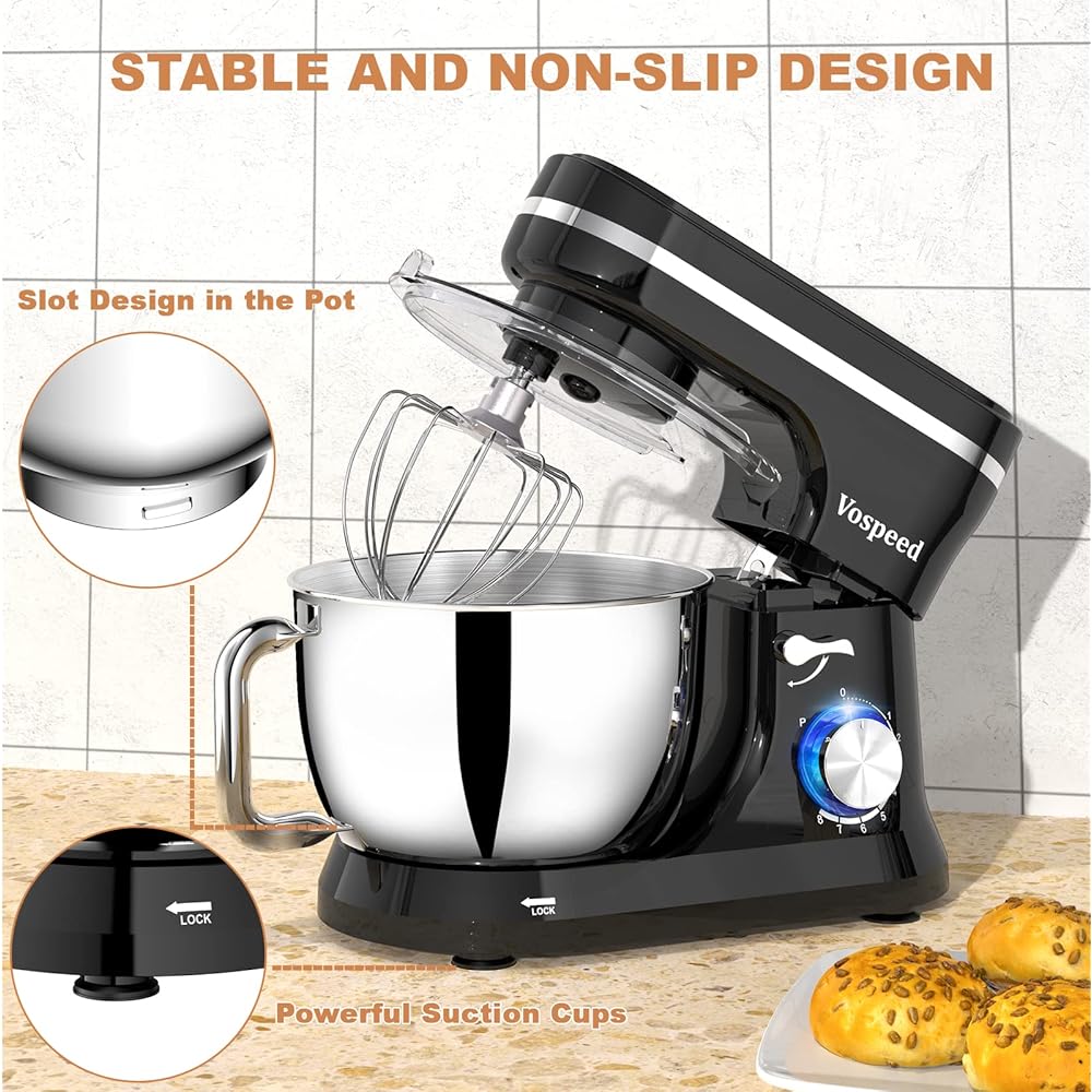 Robot Pâtissier Multifonctions, Vospeed Robot de Cuisine 1000W 5QT avec Fouet, Crochet Pétrisseur, Fouet à Gâteau, bol en acier Inoxydable, Pare-Éclaboussures (Noir) : Cuisine et Maison