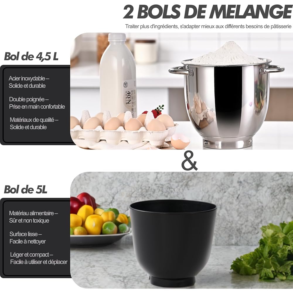 Kitchen in the box Robot Pâtissier, 4.5L+5L 2Bols Robots de Cuisine, 10 Vitesses Batteur Electrique Cuisine, 1300W Pétrin Professionnel avec Fouet, Batteur, Crochet (Noir) : Cuisine et Maison