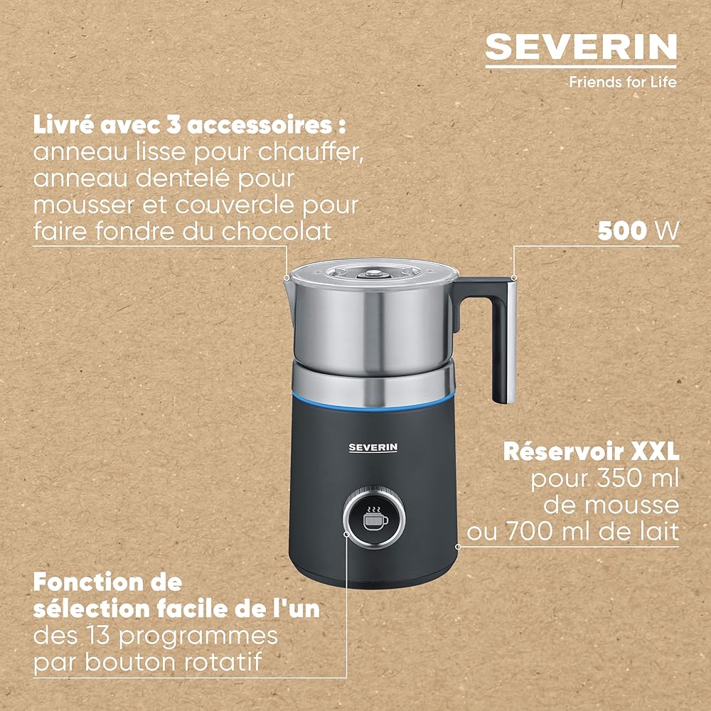 SEVERIN Émulsionneur de lait Spuma 700 Plus 500 W, Mousseur de lait à induction, Mousseur à lait électrique, Chocolatière 700 ml, 13 programmes, inox/noir, SM 3587 : Cuisine et Maison