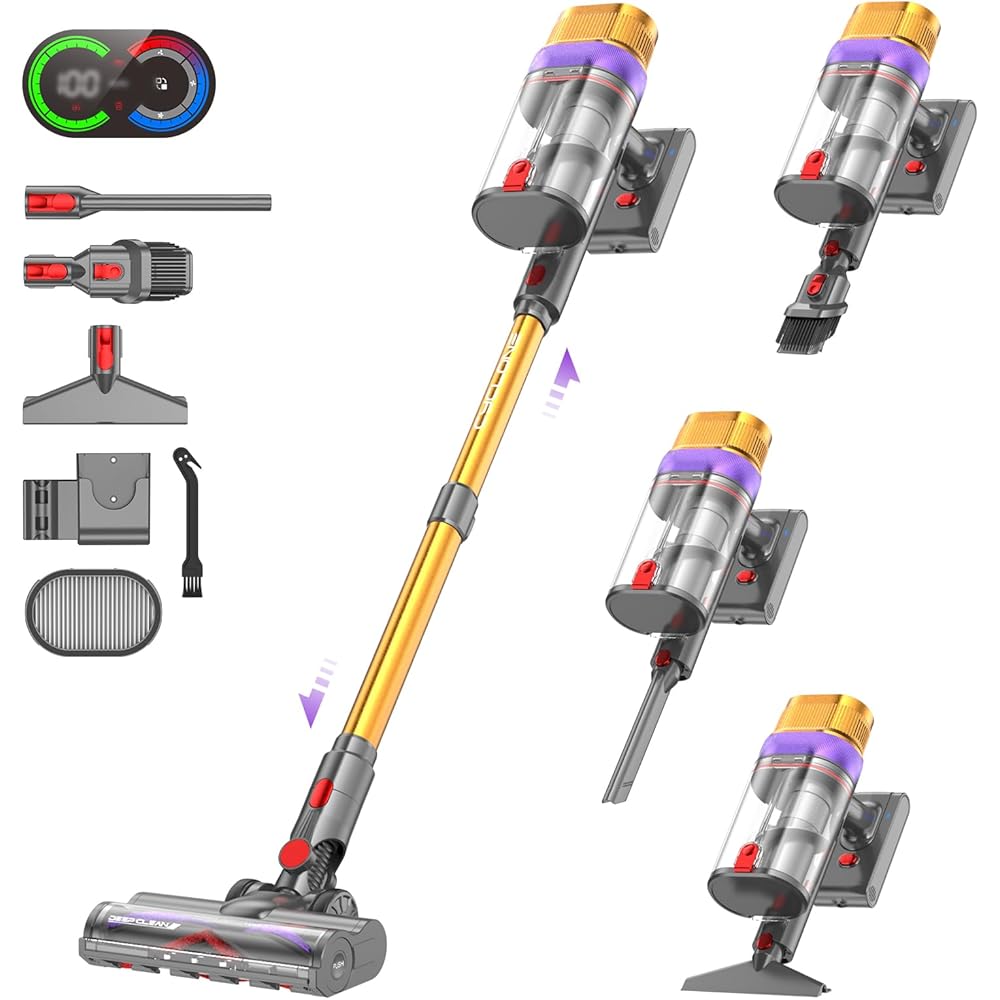 Vistefly V15 Ultra Aspirateur Balai sans Fil, 600W/48Kpa/70Mins Aspirateur sans Fil Puissant avec Écran Double, Design à Double Conteneur Aspi pour Sols Durs Poils d'animaux Tapis : Cuisine et Maison