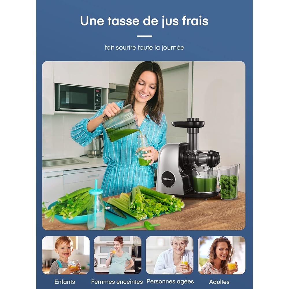 Housnat Extracteur de Jus de Fruits et Légumes, Extracteur Jus avec moteur silencieux, Slow Juicer Nutriments Maximaux - 90% Jus Pureté, Extracteur jus de Fruits et Légumes, Fonction Inverse : Cuisine et Maison