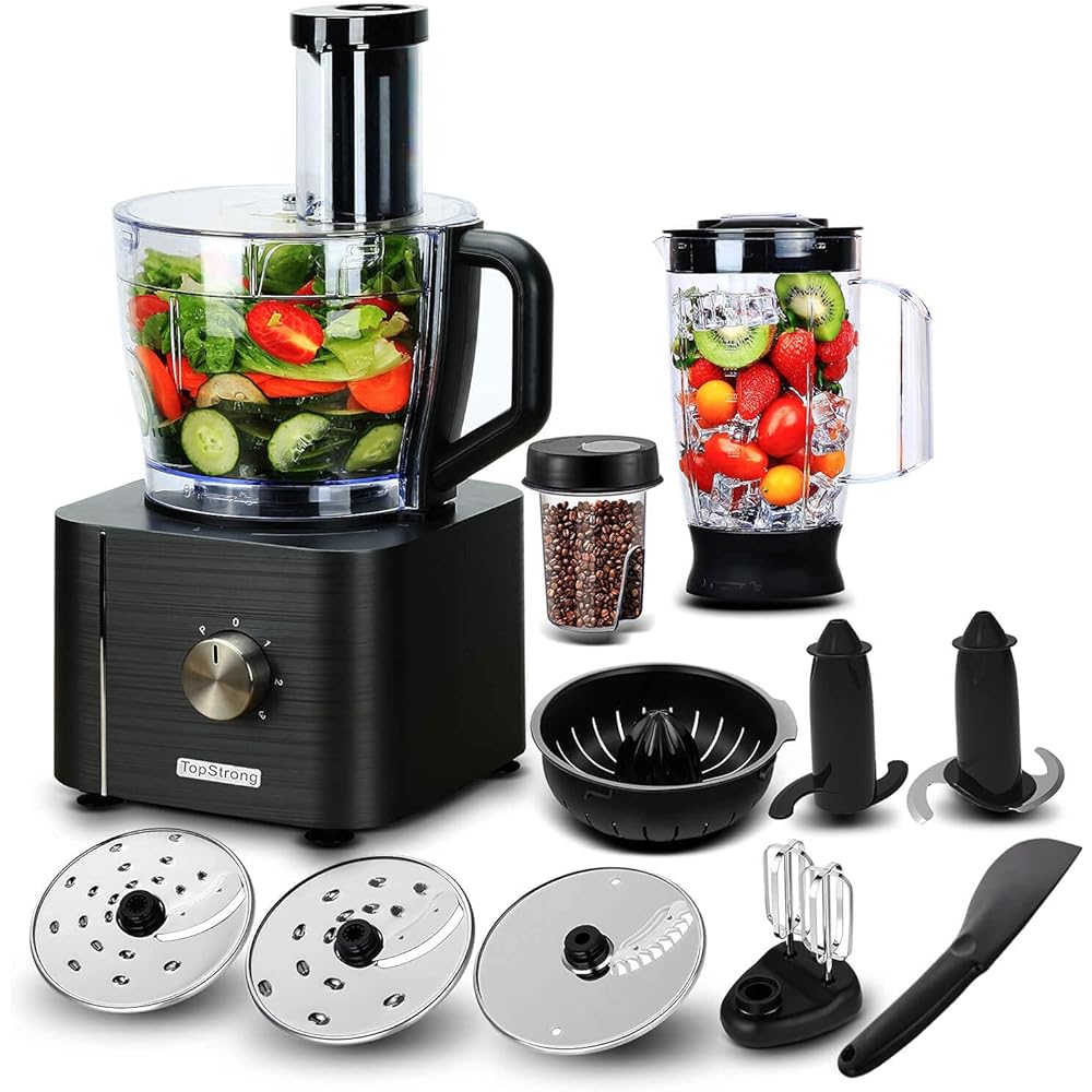 TopStrong Robot Cuisine Multifonction,1100W Robot Multifonction,11 en 1 Robot Culinaire inclus Hachoir, Crochet Pétrisseur,Mixeur, Presse-agrumes et Moulin à Café, 3,2L Bol et 1,5L Blender : Cuisine et Maison