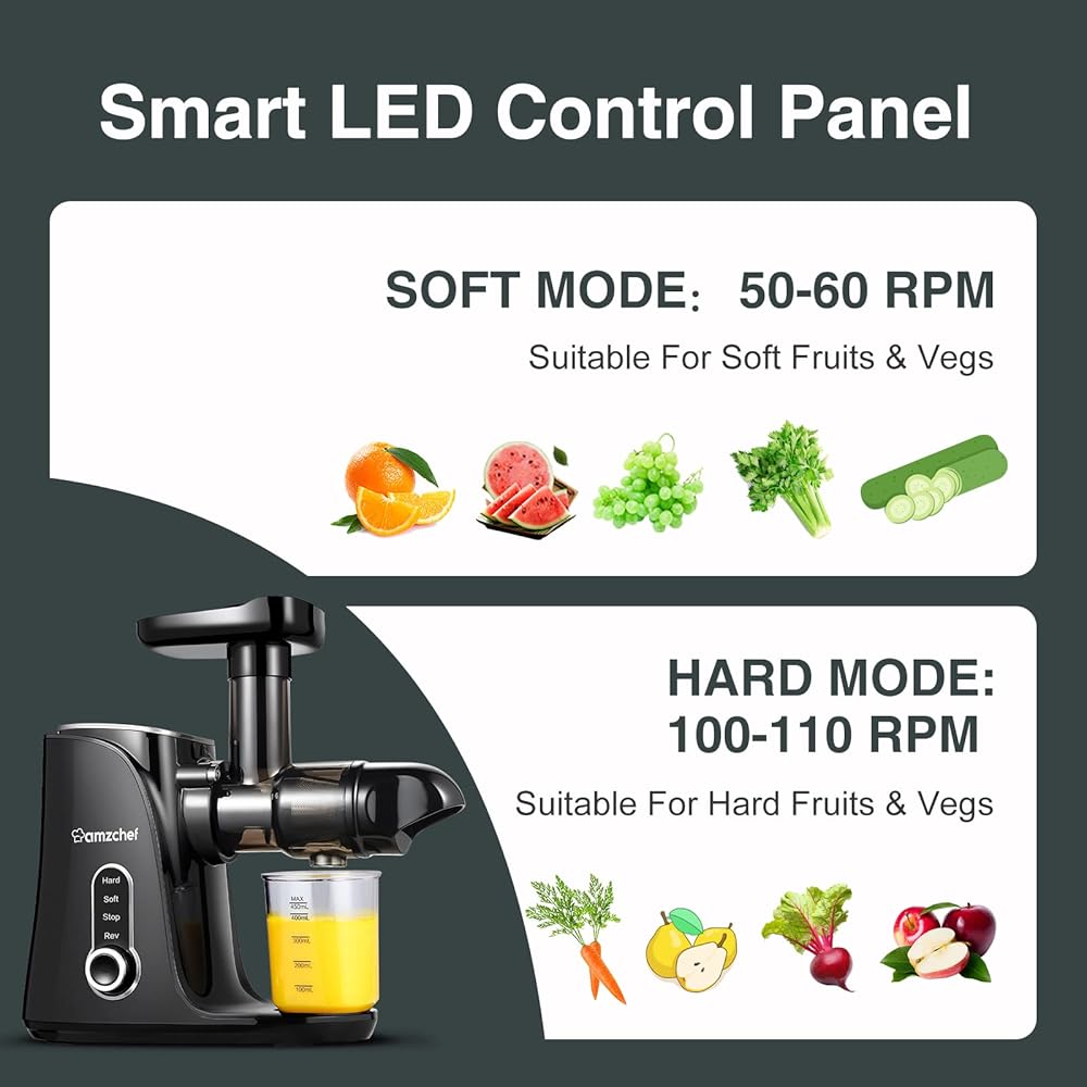 AMZCHEF Extracteur de Jus avec Double Vitesse Modes (Soft et Hard) - Extracteur de Jus de Fruits et Légumes - Juicer Machine avec Bouteille à jus Portable et 2 Tasses - Noir : Cuisine et Maison