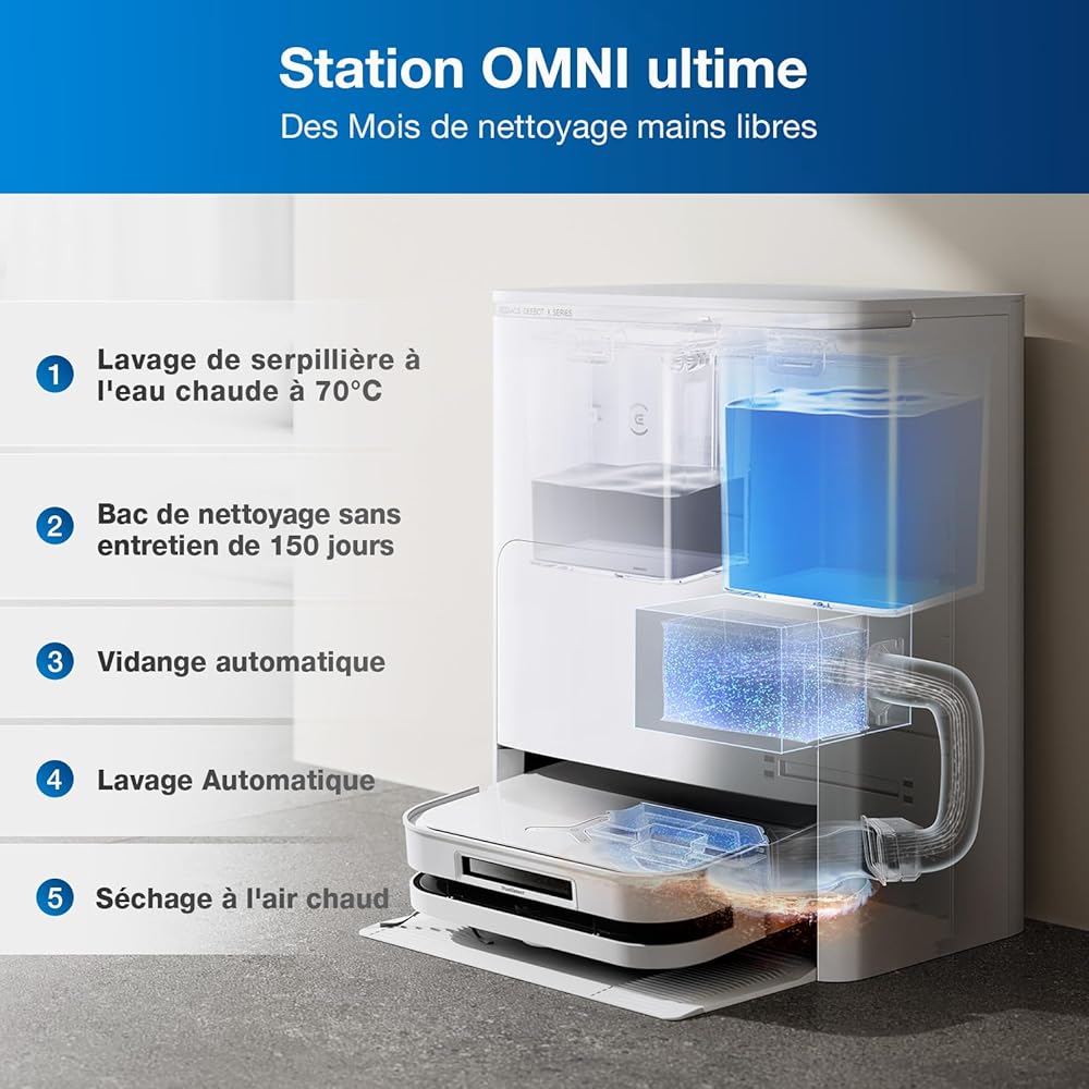 ECOVACS Aspirateur Robot DEEBOT X5 Omni, Robot Aspirateur Laveur avec Station, 12800Pa, ZeroTangle, Nettoyage Humide adaptatif TruEdge, Lavage à l'eau Chaude à 70°C, Levage des Patins de 15mm, Blanc : Cuisine et Maison