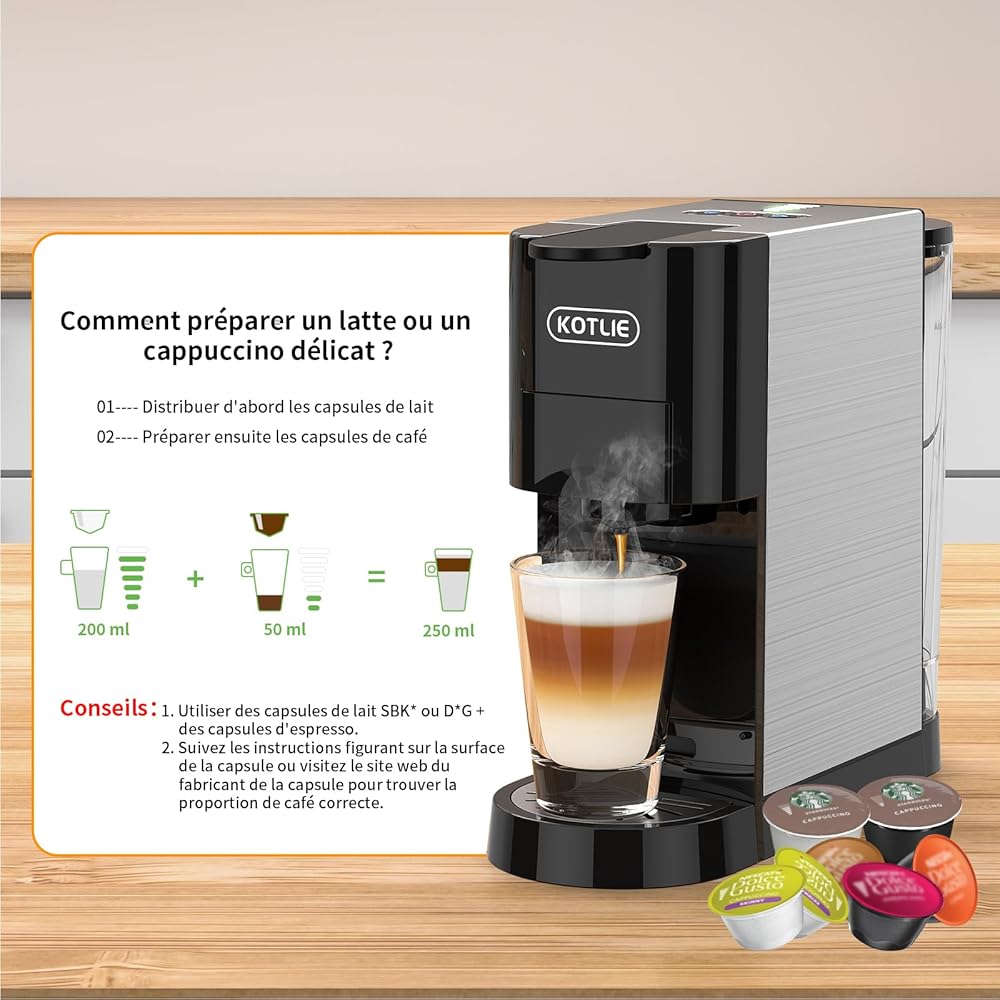 KOTLIE AC-513HF Machine à café multifonctionnelle 5-en-1 pour NES/pour DG/Café en poudre/ESE Pads (44 mm)/pour a modo mio, convient aux bonnets hauts (Noir) : Cuisine et Maison