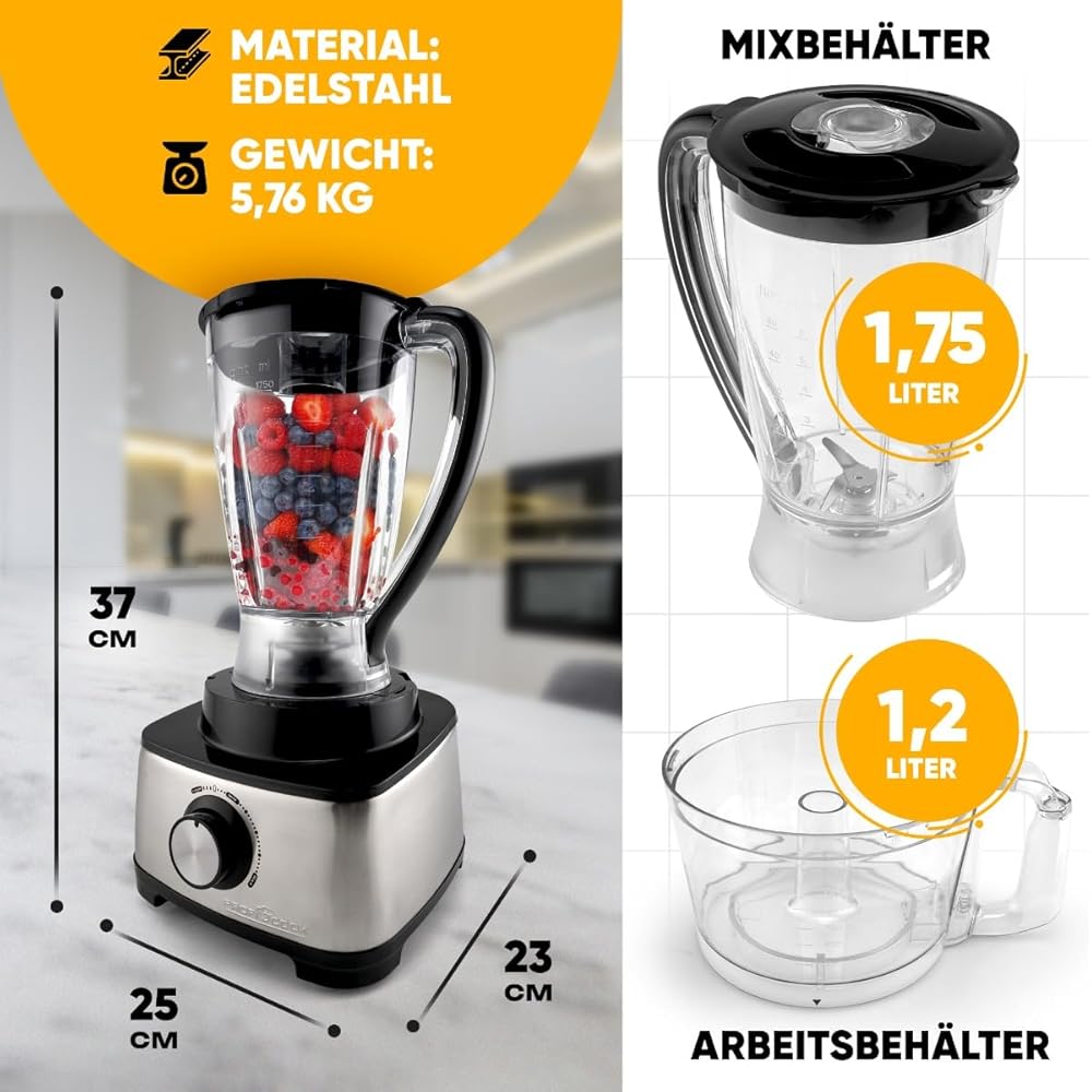 ProfiCook PC-KM 1063 Robot de cuisine compact avec boîtier en acier inoxydable, couper, pétrir, mixer, presse-agrumes, 1.2L, ouverture de remplissage, avec fonction turbo et 11 accessoires, 1200W : Cuisine et Maison