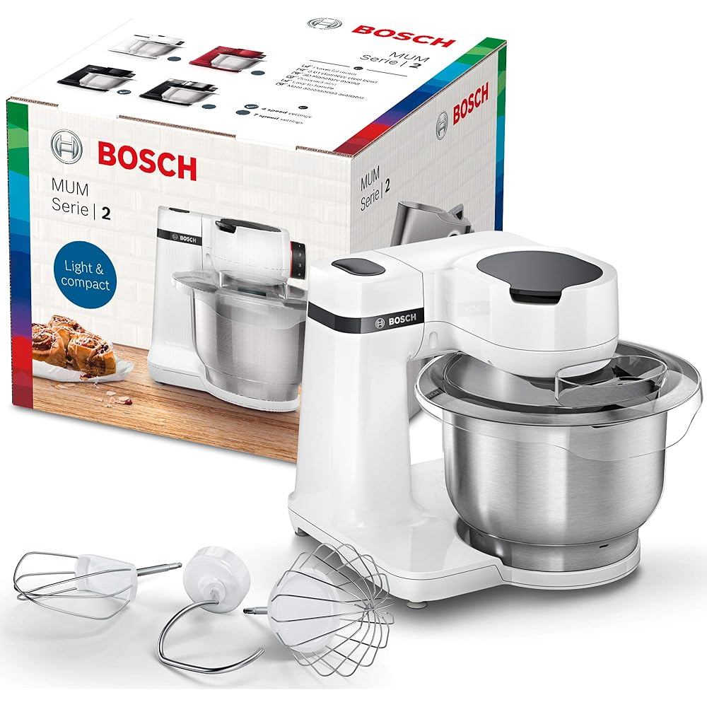 Bosch, Robot pâtissier Série 2, 4 niveaux de vitesse, moteur 700 watts, mélange homogène 3D, kit pâtisserie, blanc, MUMS2EW00 : Cuisine et Maison