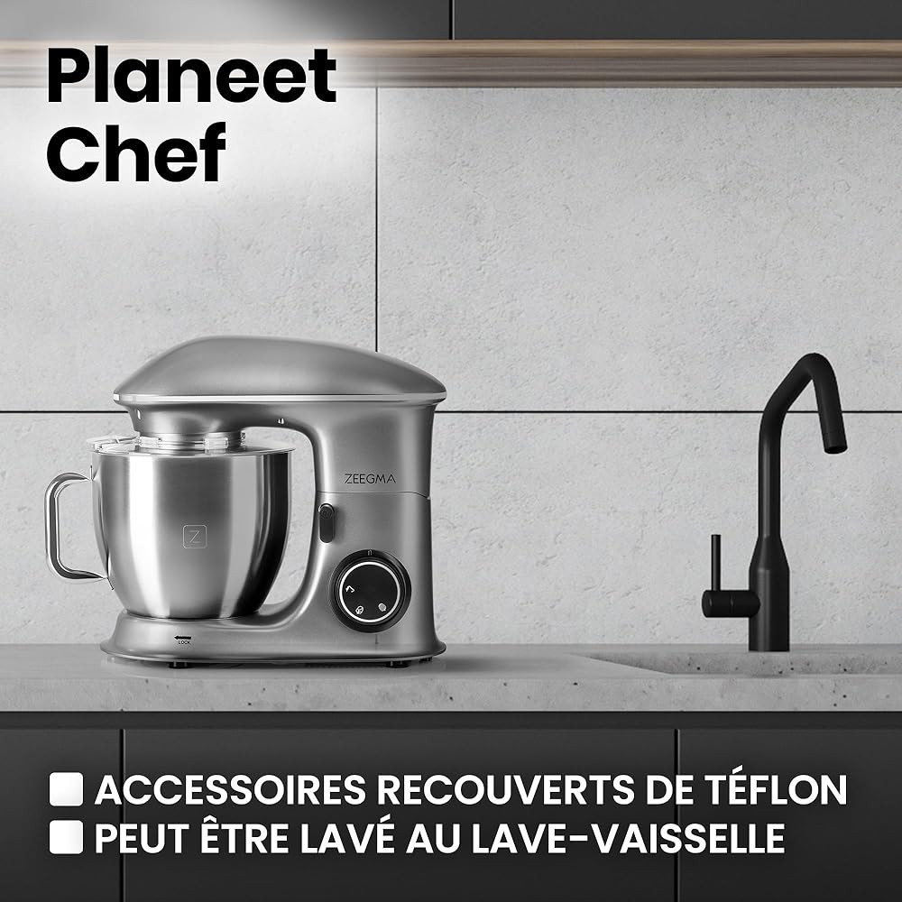 ZEEGMA Planeet Chef robot pâtissier multifonctions 2200W, machine à pétrir cuisine à pâte avec bol en acier inoxydable de 6,5 L, 7 vitesses, pétrin à pâte avec set de pâtisserie 3 pièces (Grey) : Cuisine et Maison
