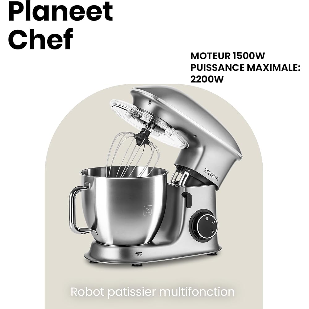 ZEEGMA Planeet Chef robot pâtissier multifonctions 2200W, machine à pétrir cuisine à pâte avec bol en acier inoxydable de 6,5 L, 7 vitesses, pétrin à pâte avec set de pâtisserie 3 pièces (Grey) : Cuisine et Maison