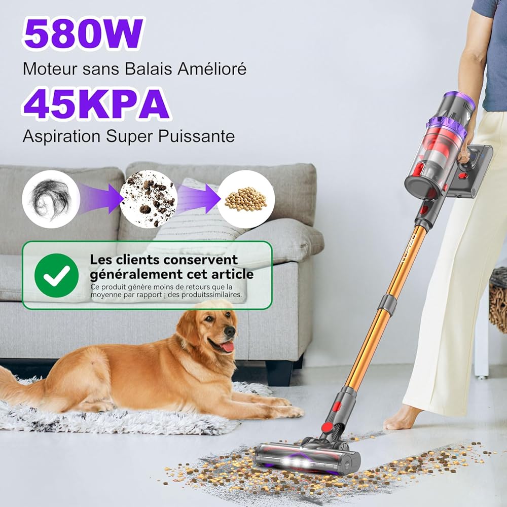 coovy SU7 Aspirateur Balai sans Fil 580W/45Kpa/70Mins, Aspirateur sans Fil Puissant, Chargement Mural, Écrans Tactiles LED, 1,3L Capacité, pour Sols Durs/Tapis/Les Poils d'animaux : Cuisine et Maison