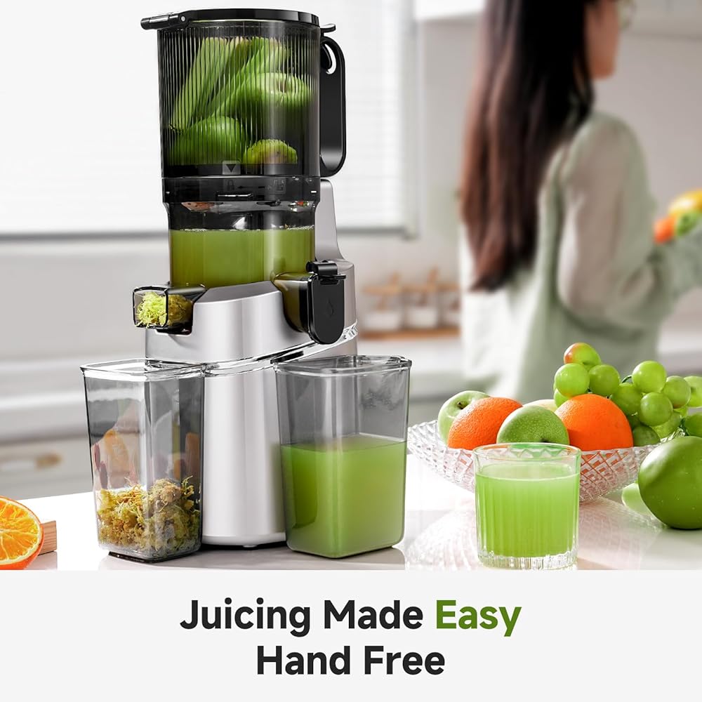 AMZCHEF Extracteur de jus automatique Vos mains libres, Ouverture de 135 mm et capacité de 1,8 L Extracteur de jus de fruits et légumes entiers, Extracteur jus lent de 250W avec triple filtre - Argent : Cuisine et Maison