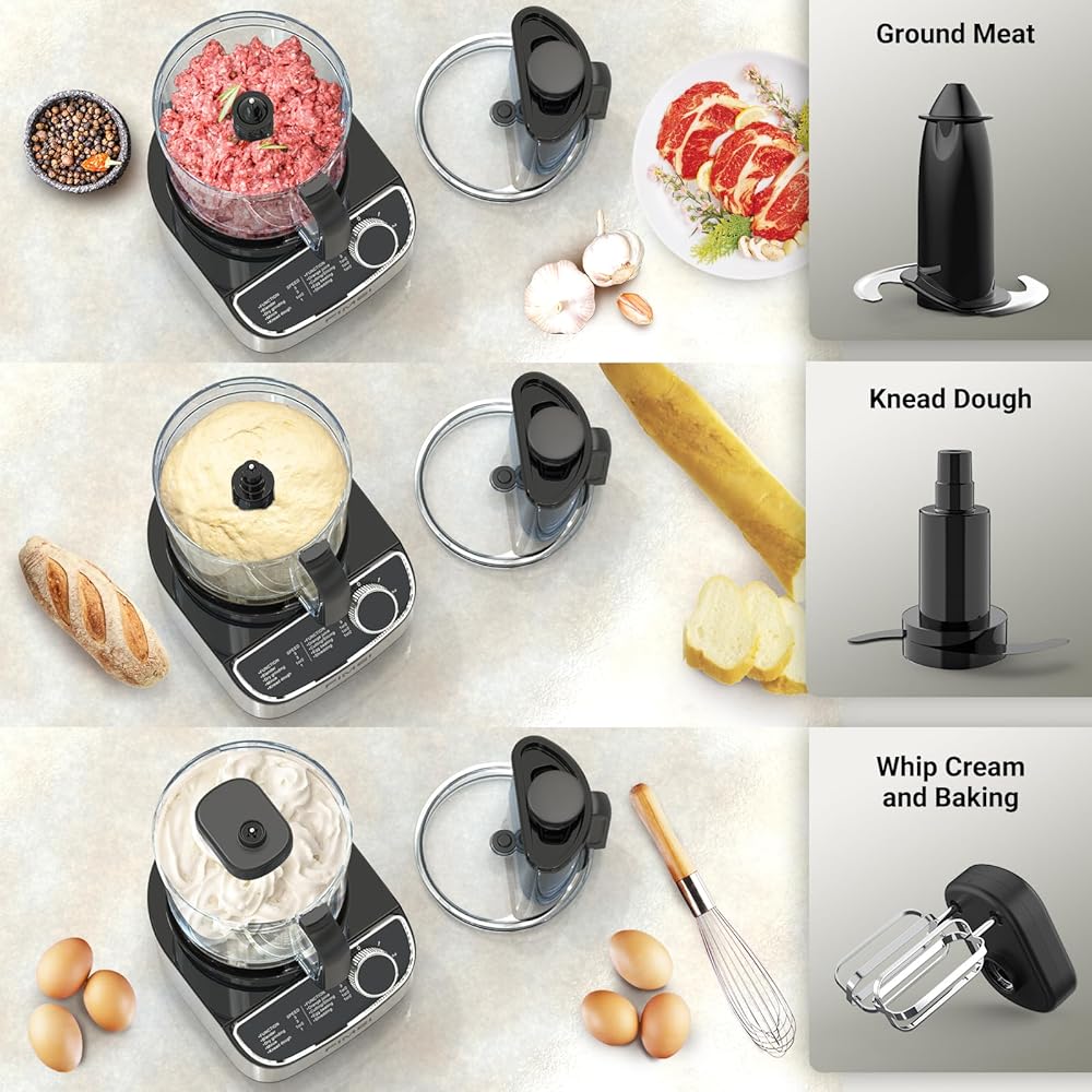 FIMEI Robot culinaire multifonction 1300W, 3 vitesses et fonction pulse, hachoir 3,5L, mixeur 1,5L, moulin, presse agrumes, crochet pétrisseur, fouet, râpe, disque tournant, Sans BPA : Cuisine et Maison