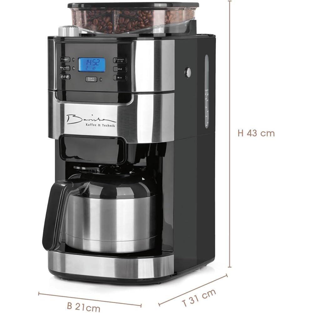 Barista Cafetière Filtre avec verseuse Isotherme 1L pur 12 tasses de café, Machine a cafe grain avec broyeur et écran digital, Fonction de minuterie : Cuisine et Maison